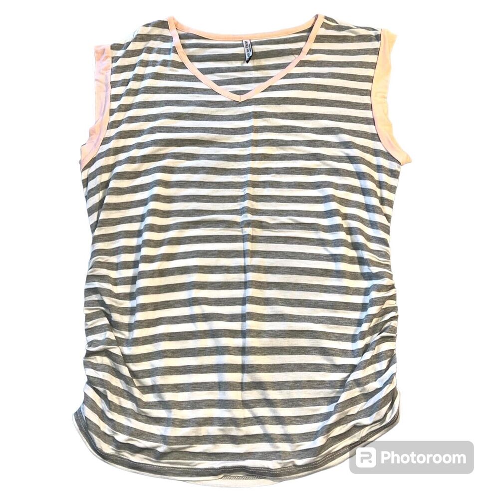 Belly by Design Womens Maternity T Shirt Top Striped Gray White Pink Ruched XL
